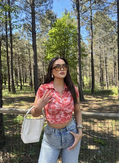 Kiraz Desen Büzgülü Crop