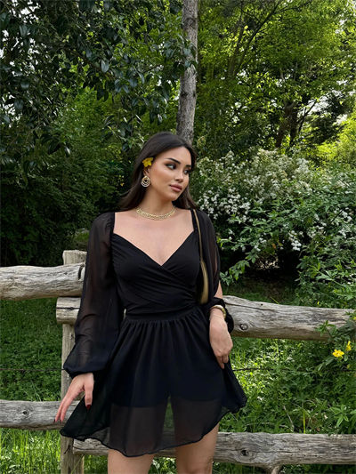 Kruvaze Tül Balon Kol Elbise