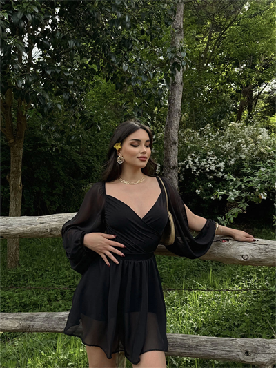 Kruvaze Tül Balon Kol Elbise