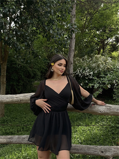 Kruvaze Tül Balon Kol Elbise