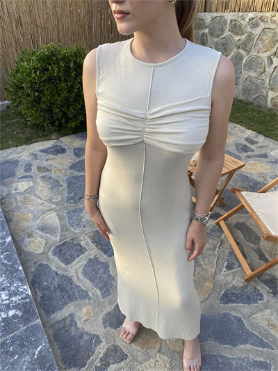 Ön Büzgülü Uzun Elbise