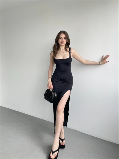 Ön Yırtmaçlı Poliamid Askılı Elbise