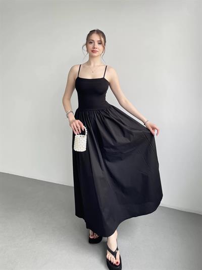 Poplin İnce Askılı Siyah Elbise