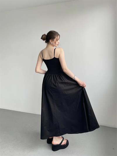 Poplin İnce Askılı Siyah Elbise