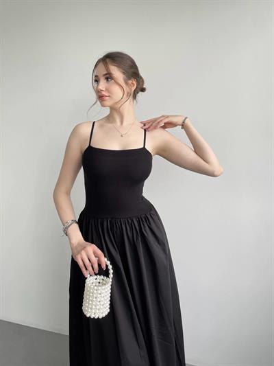 Poplin İnce Askılı Siyah Elbise