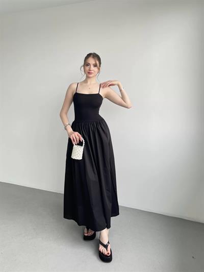 Poplin İnce Askılı Siyah Elbise