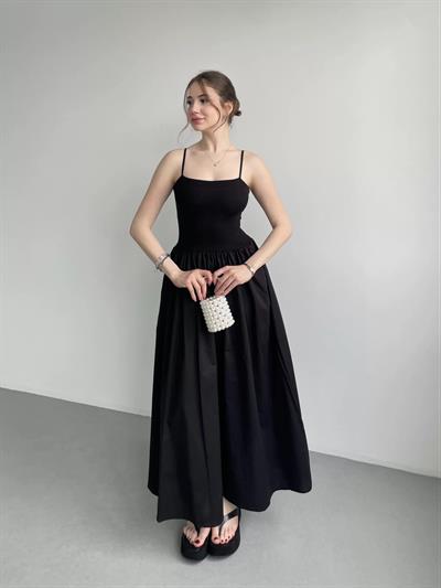 Poplin İnce Askılı Siyah Elbise