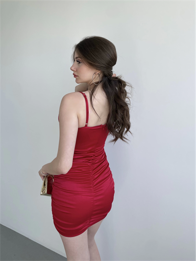 Saten Fiori Büzgü Elbise