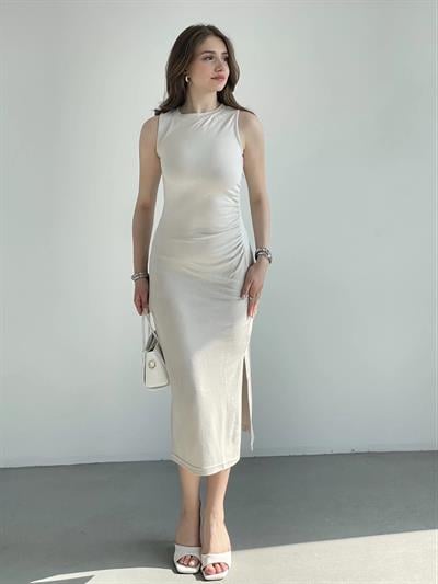 Sıfır Kol Modal Kumaş Büzgü Elbise