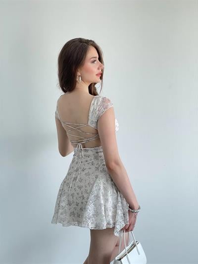 Sırt Bağlamalı Çiçek Desen Premium Elbise