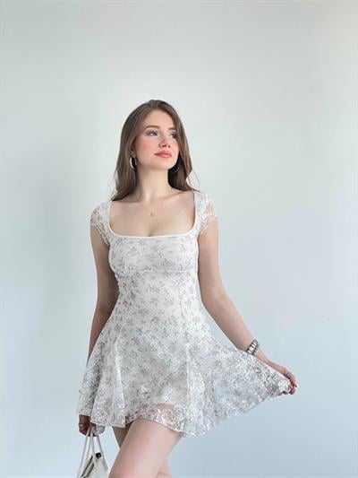 Sırt Bağlamalı Çiçek Desen Premium Elbise