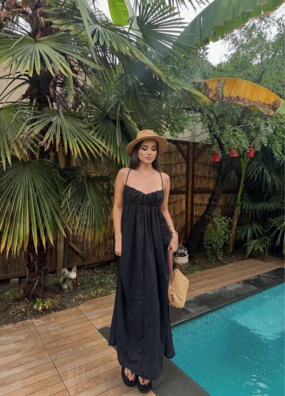 Sırt Bağlamalı Keten Elbise