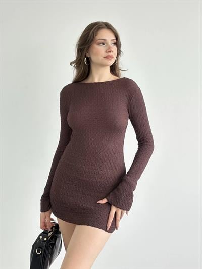 Sırt Dekolte Gofre Mini Elbise