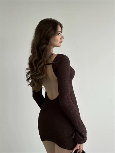 Sırt Dekolte Gofre Mini Elbise