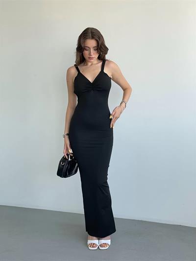 Sırt Dekolteli Siyah Büzgülü Elbise