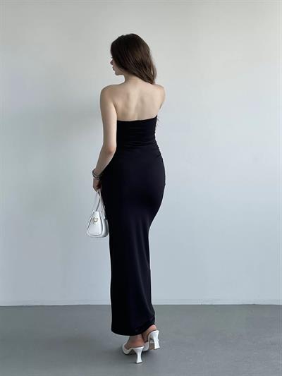 Straplez Büzgülü Uzun Elbise