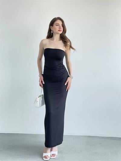 Straplez Büzgülü Uzun Elbise