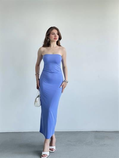 Straplez Büzgülü Uzun Elbise