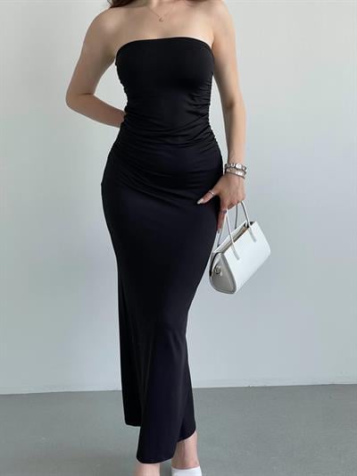 Straplez Büzgülü Uzun Elbise