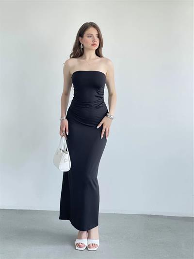 Straplez Büzgülü Uzun Elbise