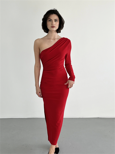 Tek Omuz Büzgülü Sandy Elbise