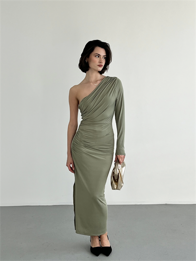 Tek Omuz Büzgülü Sandy Elbise