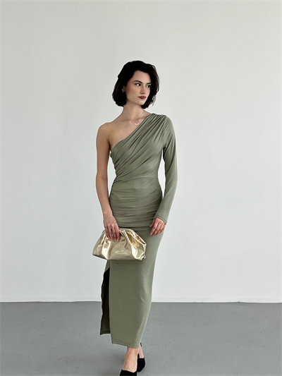 Tek Omuz Büzgülü Sandy Elbise