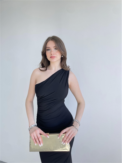 Tek Omuz Büzgülü Sandy Elbise