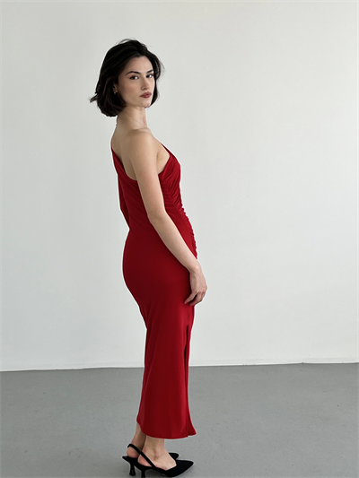 Tek Omuz Büzgülü Sandy Elbise