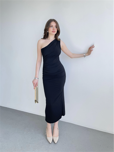 Tek Omuz Büzgülü Sandy Elbise