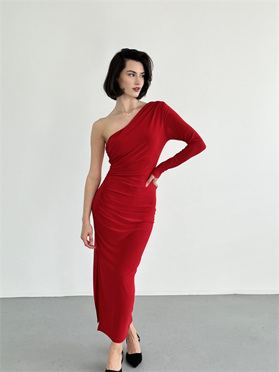 Tek Omuz Büzgülü Sandy Elbise
