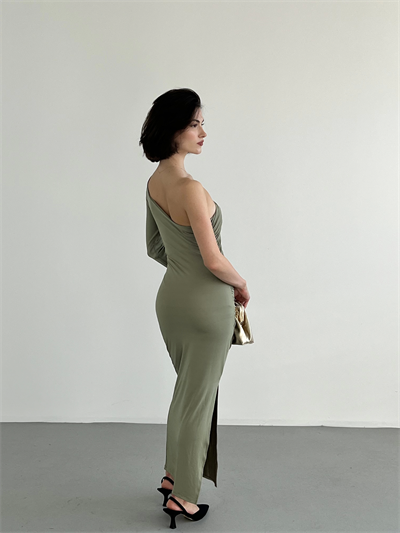 Tek Omuz Büzgülü Sandy Elbise