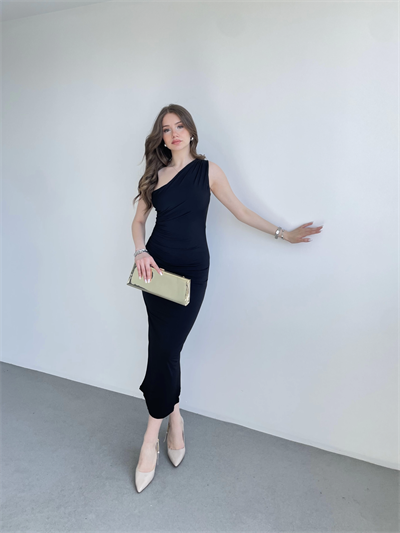 Tek Omuz Büzgülü Sandy Elbise