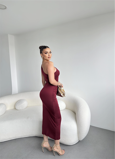 Tek Omuz Büzgülü Sandy Elbise