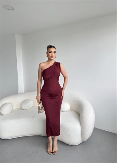 Tek Omuz Büzgülü Sandy Elbise