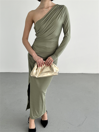 Tek Omuz Büzgülü Sandy Elbise