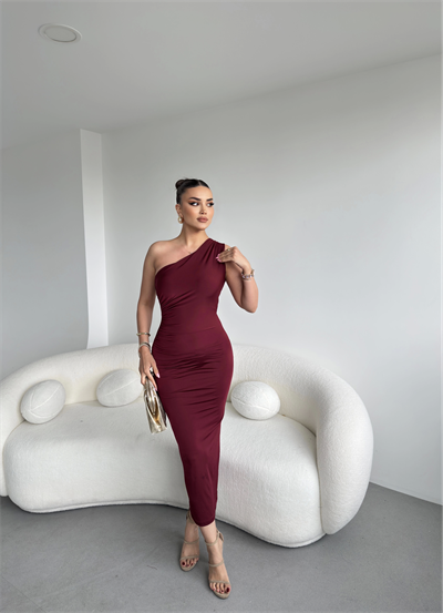 Tek Omuz Büzgülü Sandy Elbise