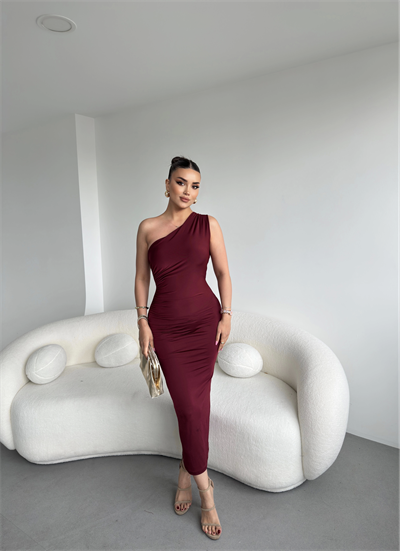 Tek Omuz Büzgülü Sandy Elbise