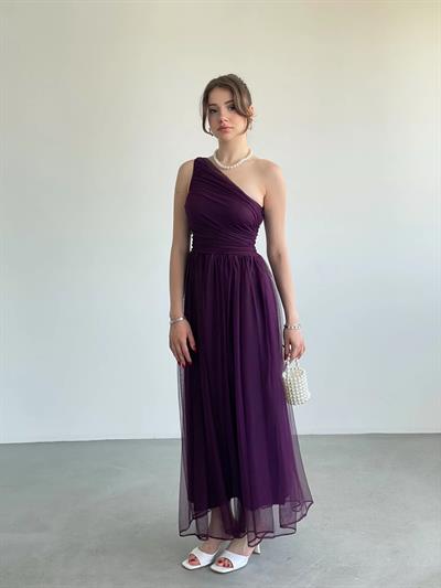 Tek Omuz Büzgülü Tül Elbise