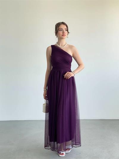 Tek Omuz Büzgülü Tül Elbise