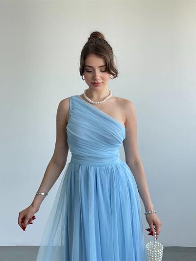 Tek Omuz Büzgülü Tül Elbise