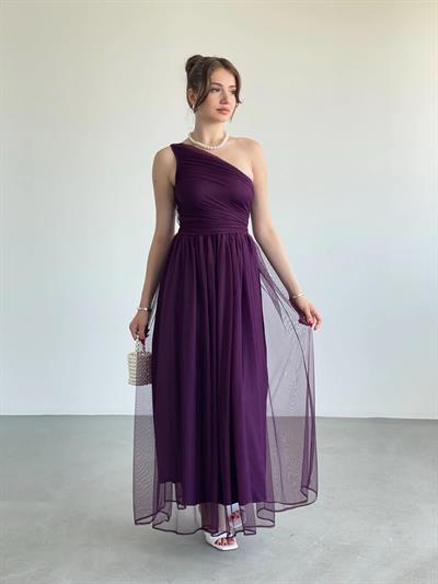 Tek Omuz Büzgülü Tül Elbise