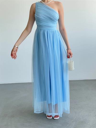 Tek Omuz Büzgülü Tül Elbise