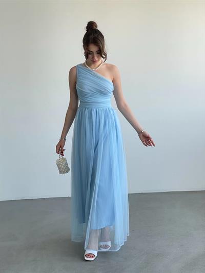 Tek Omuz Büzgülü Tül Elbise