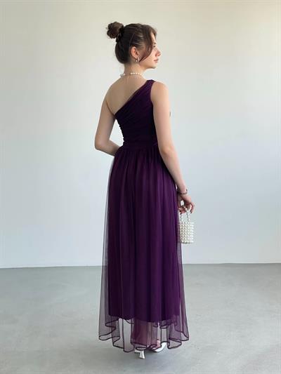 Tek Omuz Büzgülü Tül Elbise