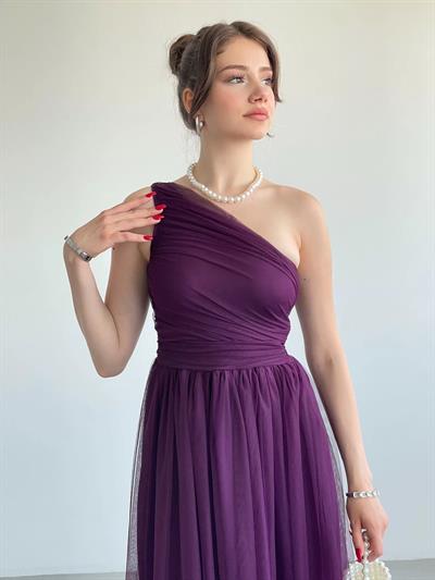 Tek Omuz Büzgülü Tül Elbise