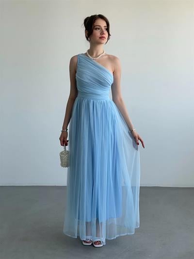 Tek Omuz Büzgülü Tül Elbise