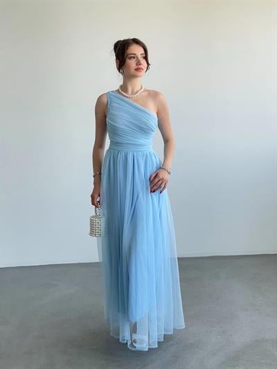 Tek Omuz Büzgülü Tül Elbise