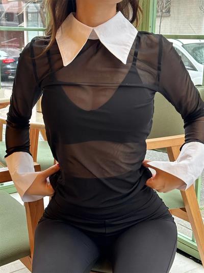 Tül Yaka Detay Crop