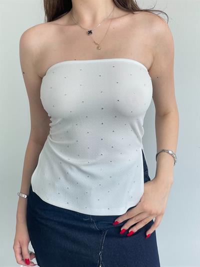 Yan Yırtmaçlı Taşlı Straplez Bluz